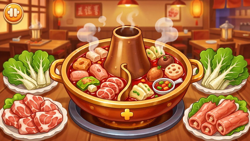 开心涮火锅游戏主界面,画面中央是一口热气腾腾的鸳鸯火锅,周围摆放着各种新鲜食材,背景是温馨的火锅店环境,卡通风格,色彩鲜艳,细节丰富,画质清晰,干净,无多余元素