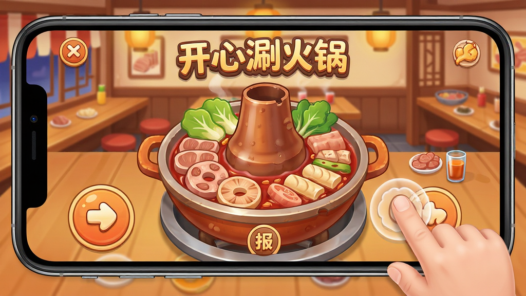 开心涮火锅游戏移动端操作界面,展示手机屏幕上火锅店经营画面,手指点击操作,卡通风格,界面清晰,画质精细,干净,无多余元素