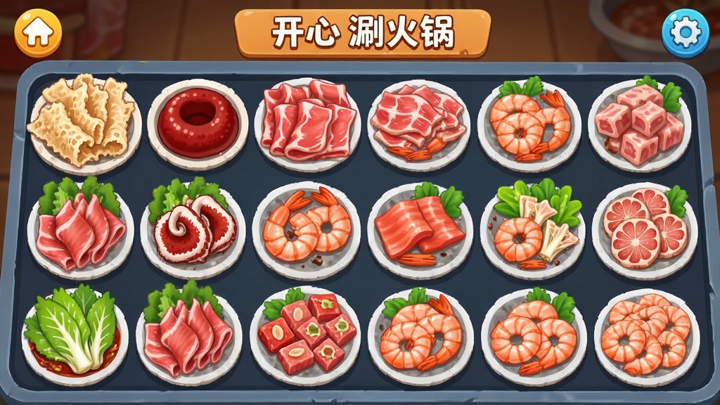 开心涮火锅游戏食材选择界面,展示各种新鲜火锅食材整齐排列,包括毛肚鸭血肥牛虾滑等,卡通风格,界面整洁,色彩丰富,画质清晰,干净,无多余元素