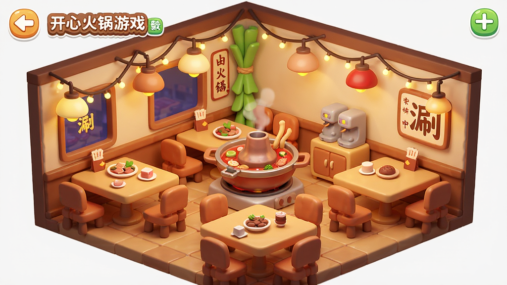开心涮火锅游戏店铺装修界面,展示火锅店内部装修布局,包括桌椅灯光装饰等,卡通风格,温馨氛围,画质清晰,干净,无多余元素