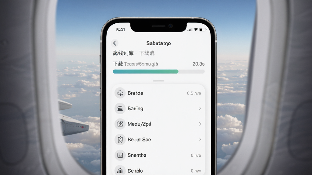 意大利语翻译通离线词库功能展示图,手机屏幕显示离线词库下载进度条和已下载语言包列表,背景为飞机舷窗外的云层,风格柔和圆角,细节清晰,画质干净,无多余元素