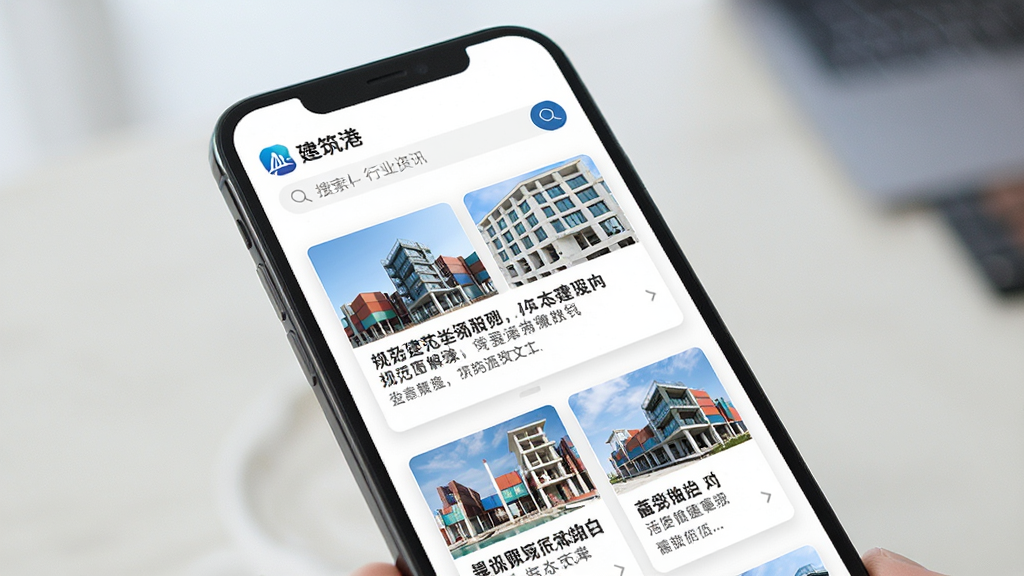 建筑港行业资讯页面图,画面主体为手机屏幕展示资讯列表,包含规范解读文章标题与缩略图,布局为卡片式排列,风格为商务简约风,细节上顶部显示“建筑港”图标与搜索框,画质清晰干净,无多余装饰元素