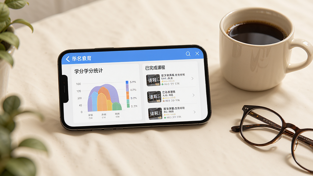 画面中一部手机横屏展示举名教育APP的学分查询页面,页面上有学分统计图表和已完成课程列表,旁边放着一杯咖啡和一副眼镜,背景为温暖的米白色,整体风格温馨舒适,排版自然,细节清晰,画质高清,干净无多余元素