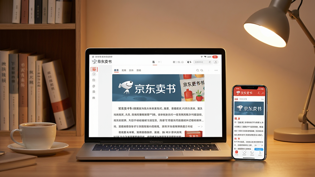 一张展示京东读书软件核心全貌的图片,主体是一台打开的笔记本电脑屏幕显示京东读书阅读界面,旁边放着一部手机同样显示京东读书APP界面,背景是温馨的书房环境,布局采用中心对称构图,风格为现代简约科技感,细节包括书架上的实体书、一杯咖啡、暖色台灯光线,画质高清干净无多余元素