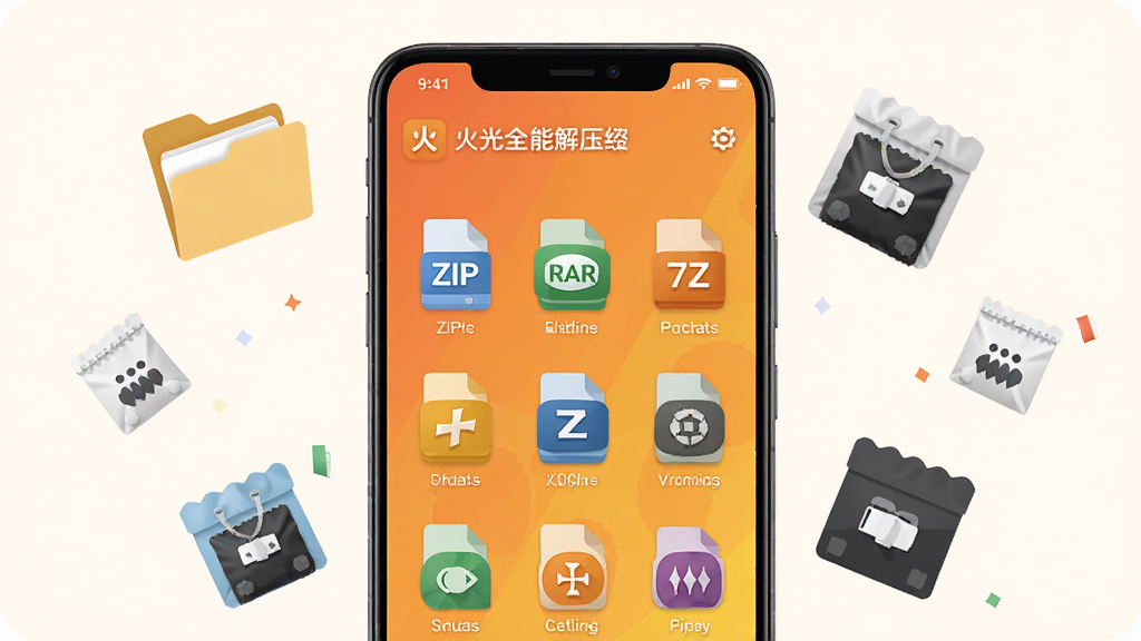 主图展示一部安卓手机屏幕中央打开着火光全能解压缩应用界面,界面上排列着ZIP、RAR、7Z等格式图标,背景是温暖的橙黄色渐变,手机周围漂浮着文件夹和压缩包元素,整体风格简洁明快,布局居中对称,现代扁平化设计,细节清晰,画质干净,无多余元素