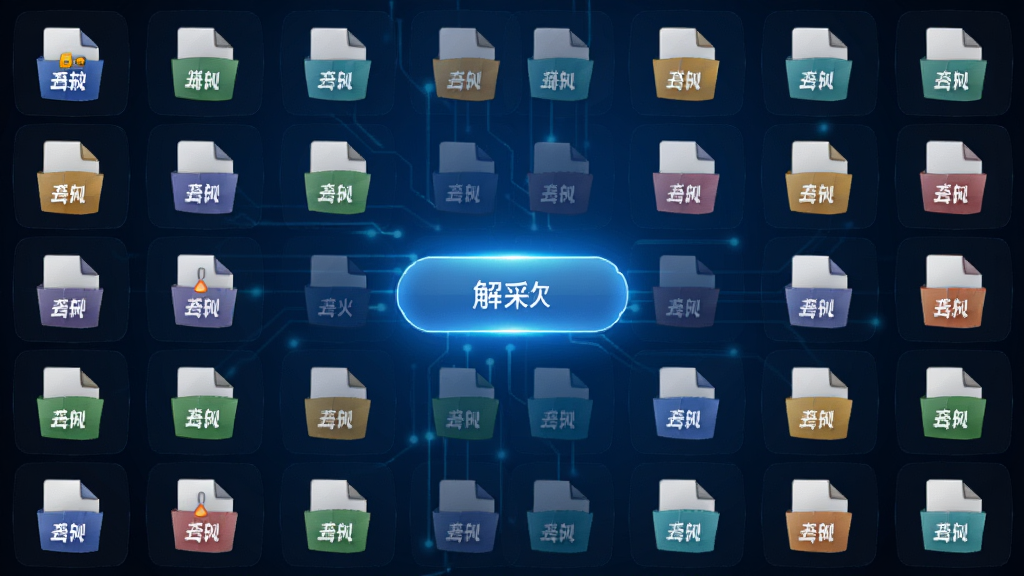 展示火光全能解压缩应用界面中多种压缩格式图标整齐排列,一个发光的解压按钮位于中央,背景为深蓝色科技感渐变,画面风格干净利落,布局采用网格状排列,细节层次分明,画质清晰,无多余装饰元素