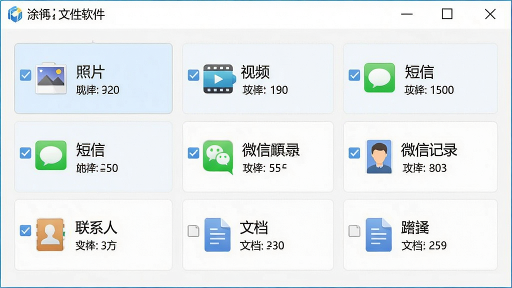 涂师傅安卓手机数据恢复软件文件类型选择界面,画面主体为软件窗口内排列整齐的文件类型复选框,包含“照片”“视频”“短信”“微信记录”“联系人”“文档”等标签,布局为三列网格排列,排版简洁明了,风格为清爽浅色商务风,细节包括每个类型旁的图标和文件数量提示,画质高清,画面干净,无多余元素
