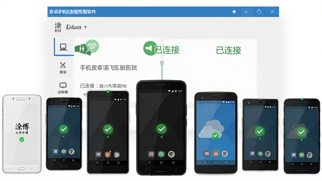 涂师傅安卓手机数据恢复软件设备兼容性展示,画面主体为多台不同品牌的安卓手机排列在软件界面下方,上方显示“已连接”状态标识,布局为横向排列,排版整齐,风格为扁平化科技插画风,细节包括手机品牌Logo和连接成功的绿色指示灯,画质清晰,画面干净,无多余元素