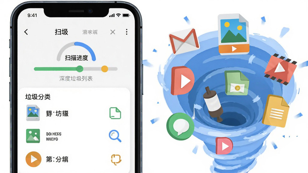 默畅清理管家深度垃圾清理功能展示图,画面左侧是一部手机屏幕显示扫描进度和垃圾分类列表,右侧是各种文件图标被吸入清理漩涡的视觉效果,主体突出手机屏幕,布局左右对比,风格为简洁明快的扁平插画风,细节上垃圾图标有邮件、图片、视频等标识,画质清晰,背景干净无杂物