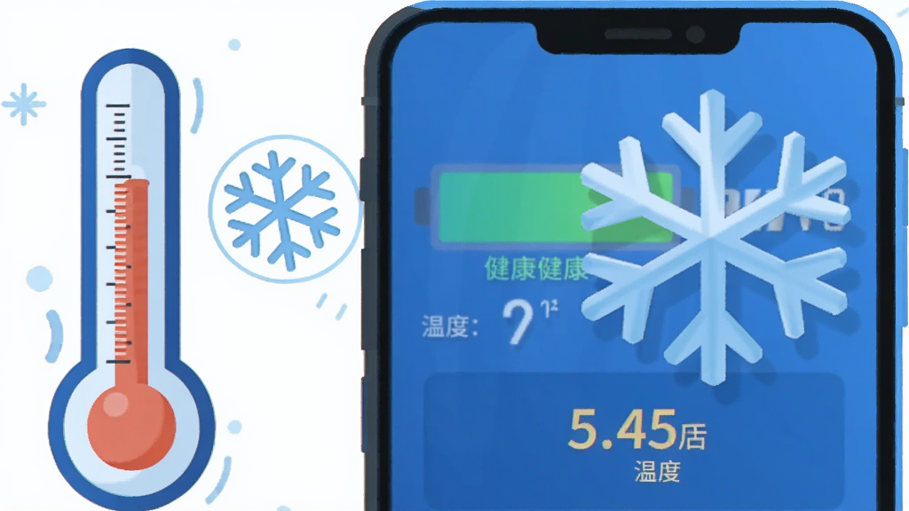 默畅清理管家手机降温与电池保护功能展示,画面中一部手机旁边有温度计图标和雪花降温符号,屏幕显示电池健康状态和温度数值,主体为手机和温度指示,布局为上下结构,风格为清爽的蓝色调扁平插画,细节上温度计有刻度,雪花有立体感,画质清晰,背景干净无多余元素