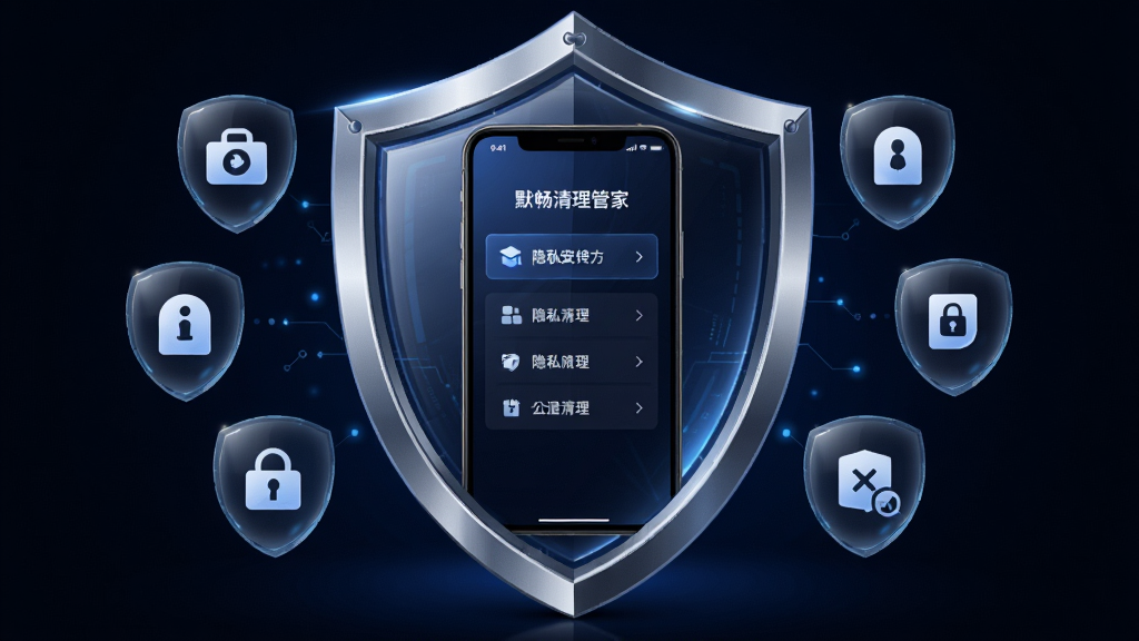 默畅清理管家隐私安全清理功能概念图,画面中央是一部手机被盾牌形状的保护罩包裹,手机屏幕显示隐私清理选项,周围有代表个人信息的图标被安全隔离,主体为手机和盾牌,布局为居中环绕式,风格为安全科技感插画,细节上盾牌有金属光泽,画质高清,背景为深色渐变突出安全感