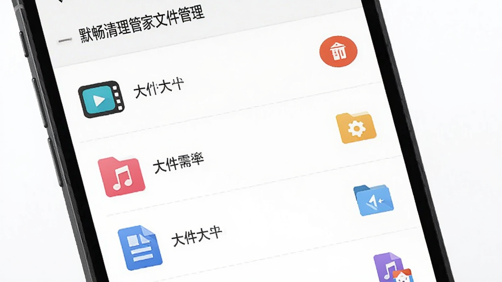 默畅清理管家文件管理功能界面图,画面展示手机屏幕上的文件列表,文件按大小排列,旁边有删除按钮和文件类型图标,主体为手机屏幕特写,布局为纵向列表展示,风格为简约商务扁平风,细节上文件图标有视频、音乐、文档等区分,画质清晰,背景干净简洁