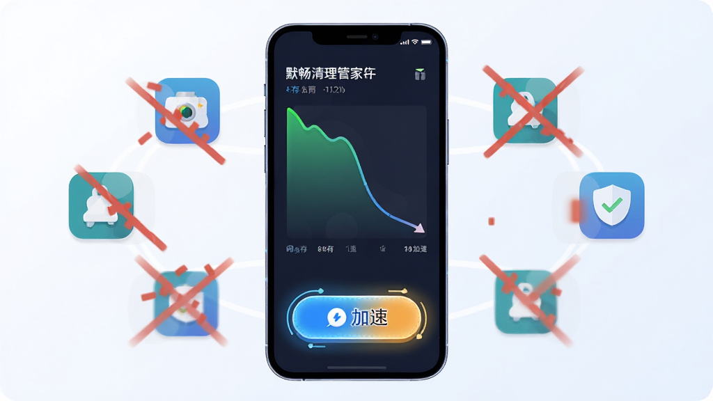 默畅清理管家内存加速功能示意图,画面中心是一部手机,屏幕显示内存占用从高位下降的动画效果,手机周围有多个应用图标被拦截在后台之外,主体为手机和加速按钮,布局为居中构图,风格为科技感扁平风,细节上加速按钮带有光效,画质高清,背景为干净的浅色渐变