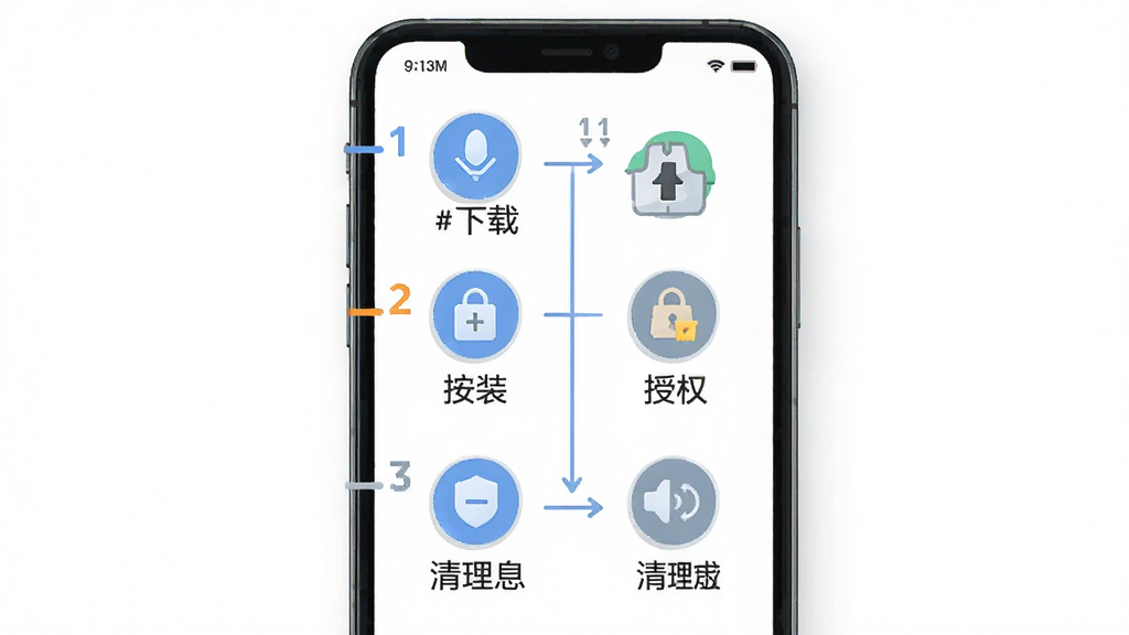 默畅清理管家新手使用指南信息图,画面以手机屏幕为主体,屏幕上分步骤展示下载、安装、授权、清理四个环节的图标和文字说明,主体为手机和步骤流程,布局为纵向流程式,风格为清新简约的扁平信息图,细节上每个步骤有数字序号和对应图标,画质高清,背景为干净的白色