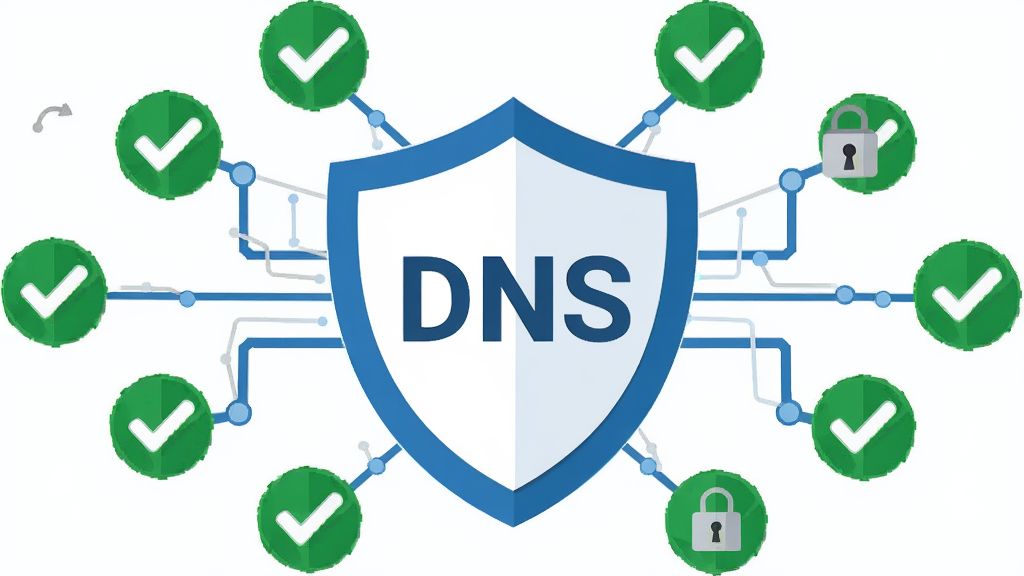 oneDNS一键设置安全防护概念图,画面中心为一个盾牌图标,盾牌内部有“DNS”字样,盾牌周围环绕着绿色的对勾标记和网络节点,布局居中,风格为扁平化安全图标设计,细节包含锁头和网络连线,画质清晰,干净,无多余元素