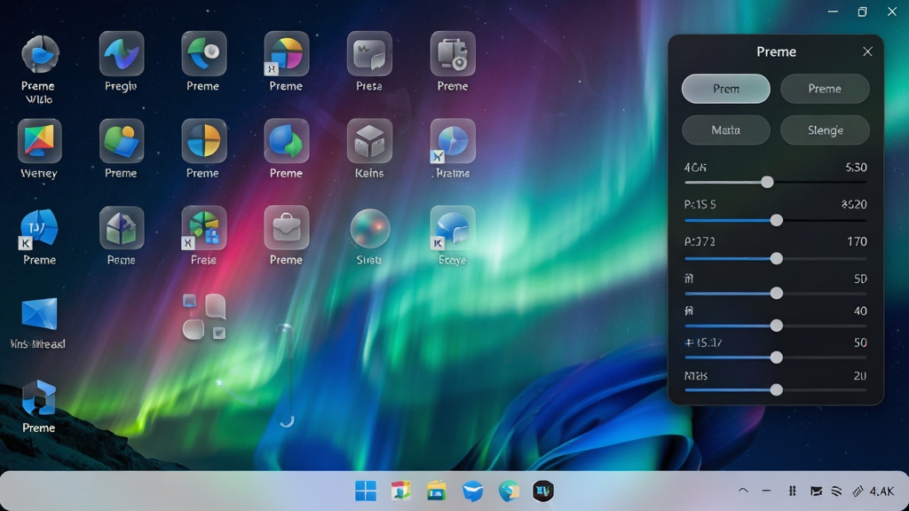 һ��չʾ Preme for Windows ���������ȫ��ͼ������������ Windows 11 ���ĵ������棬���������������ž��� Preme �������ͼ�꣬ͼ����ְ�͸��ĥɰ�����ʸУ�������һ�Ŷ�̬�����ĳ��󼫹��ֽ�������Ҳ������� Preme �Ŀ�����壬��������ɫ���⣬����Բ�Ǿ��ΰ�ť�ͻ������ѡ����岼�ֲ������ַ���ͼ������ͻ�����Ű��ࡣ���Ϊ�ִ��Ƽ��� UI ��ƣ�ϸ�ڰ���ͼ���΢�ⷴ�䡢����ϵĲ�����ֵ����ֽ��ɫ�ʽ��䡣����Ϊ 4K ���壬����ɾ����޶���Ԫ�ء�