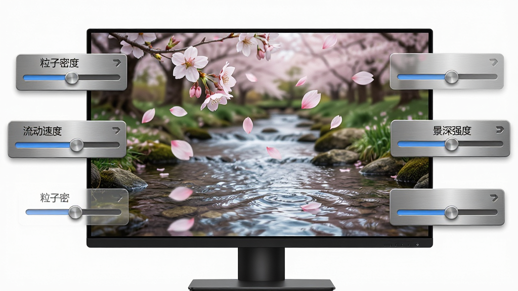 һ��չʾ Preme for Windows ��̬�������湦�ܵ���дͼ������������һ̨��ʾ������Ļ����ʾ���ɾ�̬�羰ͼת�����ɵĶ�̬��ֽ���������л���Ʈ���ӣ�������������ϪˮЧ���������ϲ��þ��й�ͼ����ʾ����Χ�����ż��������ĵ��ڻ��飬�ֱ��ע�š������ܶȡ����������ٶȡ���������ǿ�ȡ������Ϊдʵ�Ƽ��磬ϸ�ڰ����������ͱ�Ե��ˮ��Ĳ��Ʒ��⡢����Ľ����ʸС�����Ϊ 4K ���壬����ɾ����޶���Ԫ�ء�