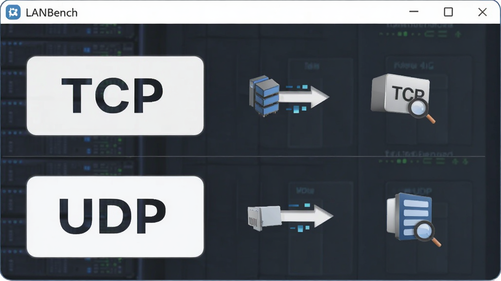 TCP与UDP双协议支持展示图,主体为LANBench软件界面中的协议切换选项,布局为上下结构,排版上方为TCP标识下方为UDP标识,风格为简约商务,细节包含协议名称高亮显示、数据传输图标,画质高清,干净,无多余元素