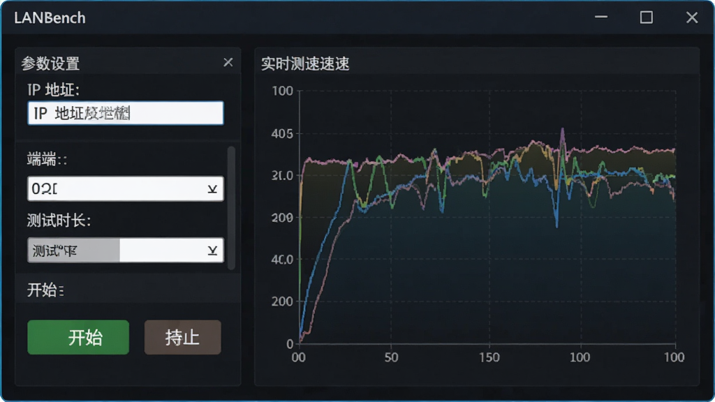 软件全貌展示图,主体为LANBench软件主界面窗口,布局清晰,左侧为参数设置区域,右侧为实时测速曲线图表,排版简洁专业,风格为现代科技感,细节包含IP地址输入框、端口号、测试时长、开始停止按钮,画质高清,干净,无多余元素