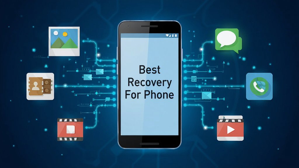 һ��չʾ�����ֻ������ݻָ�����Ĳ廭������������һ����׿�ֻ����ֻ���Ļ��ʾ'Best Recovery For Phone'��������Χ��������Ƭ�����š�ͨѶ¼����Ƶ������ͼ�꣬��Щͼ���Է����������ֻ�����������Ϊ����ɫ�Ƽ��н��䣬���ֲ������ĶԳƹ�ͼ�����Ϊ��ƽ���Ƽ��廭��ϸ�ڰ�����������Ч�����ֻ������ʸУ���������������ɾ����޶���Ԫ��