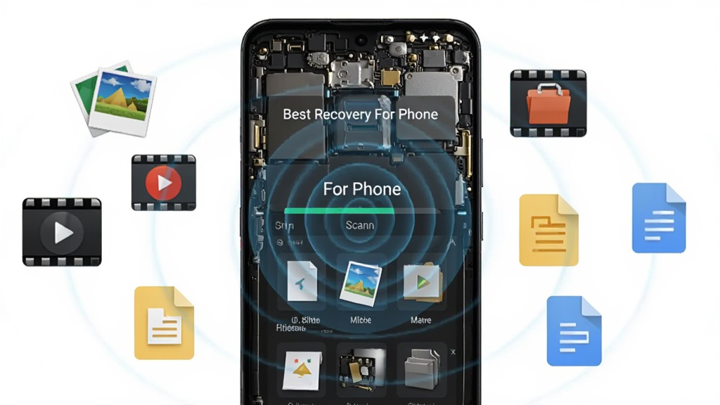 һ����׿�ֻ���Ļ��ʾ'Best Recovery For Phone'�����ɨ����Ƚ��棬ɨ����ߴ�͸�ֻ��ڲ��ṹ����ΧƯ������Ƭ����Ƶ���ĵ����ļ�ͼ�꣬����λ�ڻ������룬����Ϊ�������У����Ϊдʵ�Ƽ��磬ϸ�ڰ���ɨ�貨�ƺ��ļ�Ԥ������ͼ�����ʸ��壬����ɾ����޶���Ԫ��