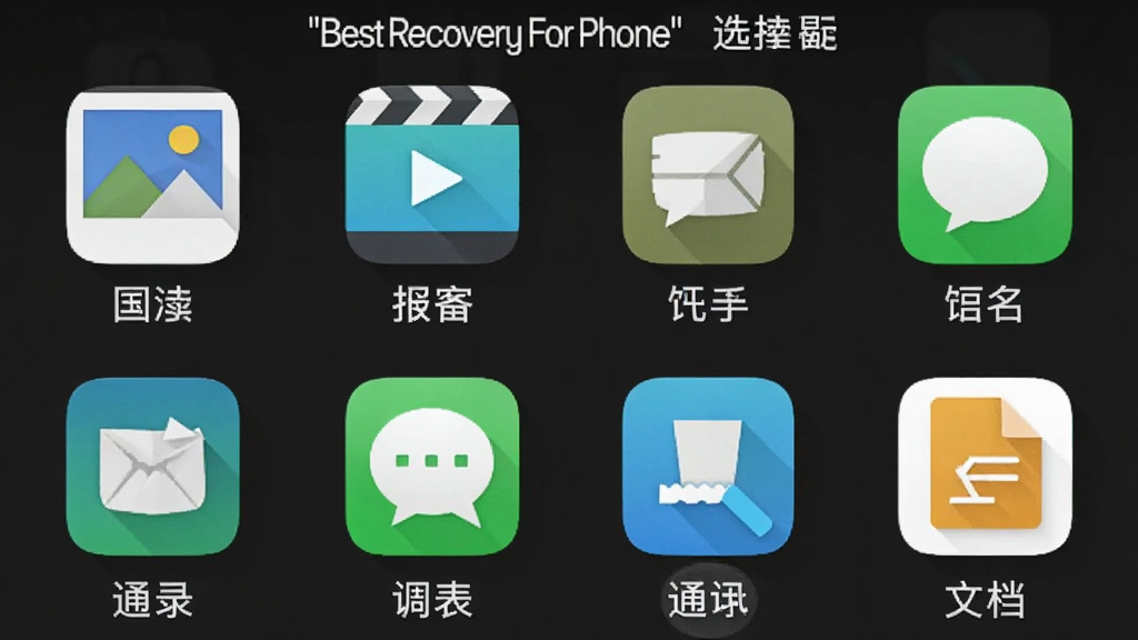һ���ֻ���Ļ��ʾ'Best Recovery For Phone'���ļ�����ѡ����棬��������������Ƭ����Ƶ�����š�ͨѶ¼���ĵ��ȶ���ͼ�꣬ÿ��ͼ���·��������ı�ǩ������λ�ڻ�������ƫ�ϣ�����Ϊ����״���У����Ϊ���±�ƽ����ƣ�ϸ�ڰ���ͼ����Ӱ��ѡ�и���Ч������������������ɾ����޶���Ԫ��