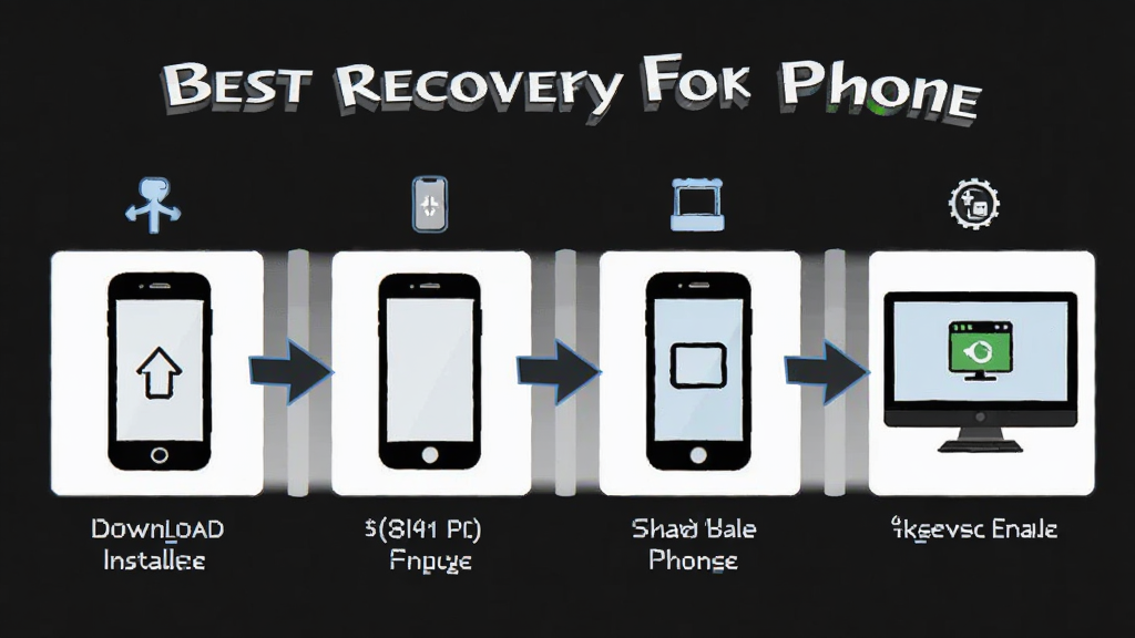 һ��չʾBest Recovery For Phoneʹ�����̵�ʾ��ͼ�������Ϊ�ĸ����裺���ذ�װ�������ֻ���ɨ�����ݡ��ָ��ļ���ÿ�����������ֻ��͵��Եļ�ʻ�ͼ�꣬����λ�ڻ������룬����Ϊ��������ͼ�����Ϊ��Լ��Ϣͼ��ϸ�ڰ�����ͷ���ӺͲ����ţ���������������ɾ����޶���Ԫ��