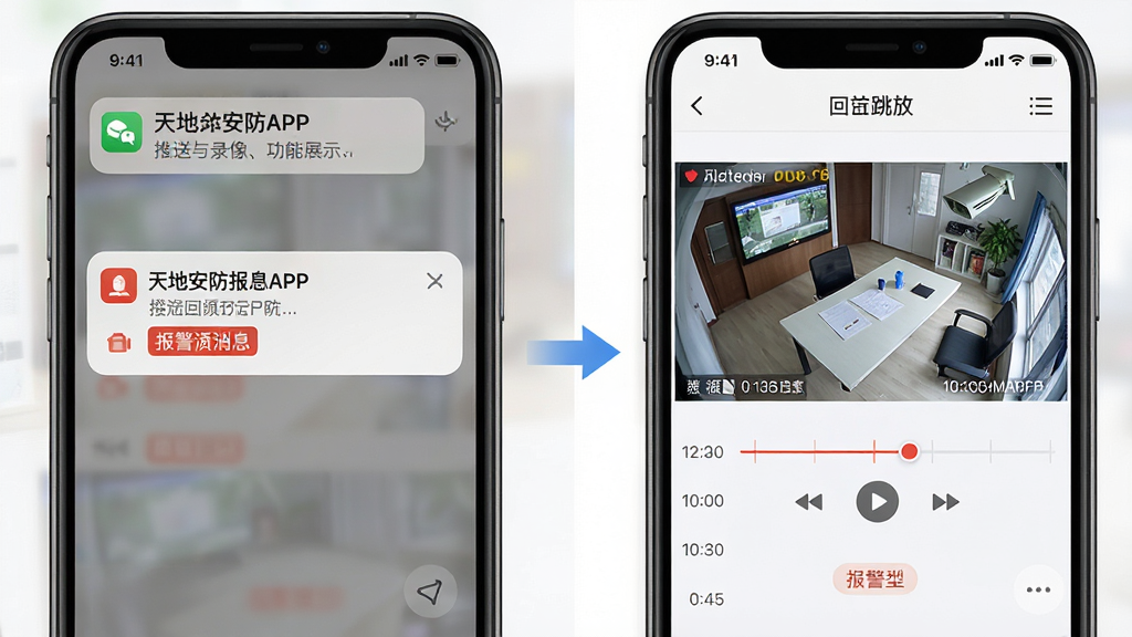 天地安防APP报警推送与录像回放功能展示,画面左侧为手机通知栏弹出报警消息,右侧为手机屏幕显示录像回放时间轴与监控画面,中间用箭头连接表示点击跳转,布局采用左右分栏对比构图,风格为清爽浅色UI风格,细节包含时间轴刻度、播放控制按钮、报警类型标签,画质高清,画面干净,无多余元素