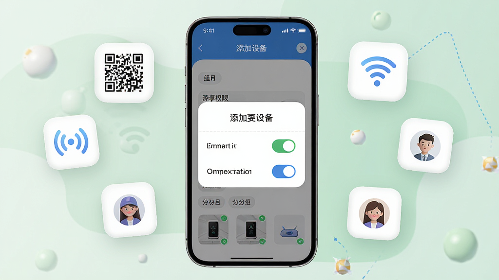 天地安防设备添加与分享功能界面,画面主体为一部手机,屏幕显示添加设备弹窗与分享权限设置面板,周围漂浮二维码图标、局域网信号图标、用户头像图标,布局采用中心聚焦式构图,风格为柔和圆角卡片设计,细节包含权限开关按钮、分组标签、设备缩略图,画质高清,画面干净,无多余元素