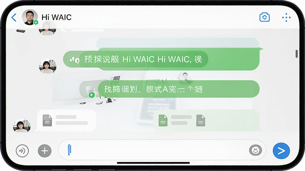 一张展示Hi WAIC聊天界面的手机截图风格图片,画面中显示多条对话气泡,包含文字消息和文件卡片,顶部有联系人名称,底部有输入框和发送按钮,背景为白色,风格清爽简洁,排版整齐,细节清晰,画质干净,无多余元素