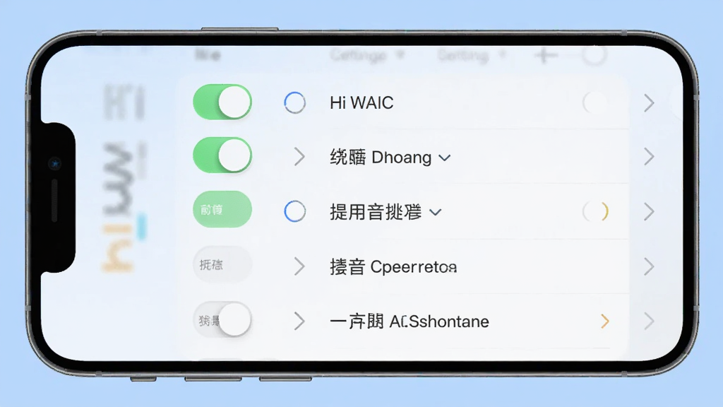 一张展示Hi WAIC通知设置界面的手机样机图,画面中显示多个开关按钮和选项列表,包括免打扰、提示音选择等,背景为淡蓝色,风格现代简洁,排版有序,细节清晰,画质干净,无多余元素