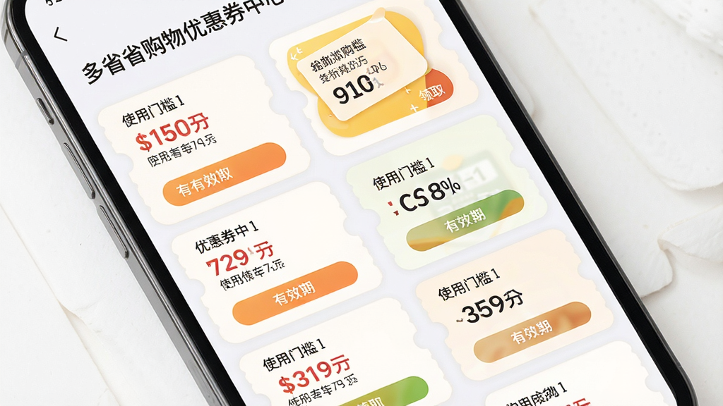 手机屏幕展示多省省购物优惠券聚合页面,主体为各类优惠券卡片,布局采用瀑布流式排列,排版错落有致,风格为柔和圆角卡片设计,细节包含折扣面额、使用门槛、有效期、领取按钮,画面中文字显示
