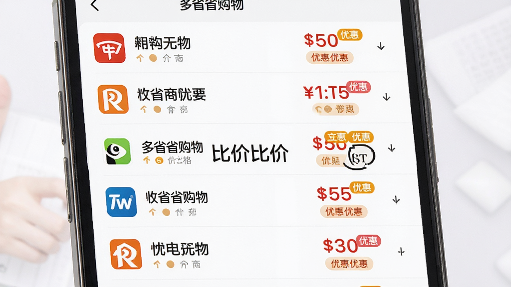 手机应用界面展示多省省购物智能比价功能,主体为多个电商平台价格对比列表,布局采用纵向排列每行显示平台名称与价格,排版清晰对比明显,风格为清爽浅色商务风,细节包含平台图标、价格数字、优惠标签、排序箭头,画面中文字显示