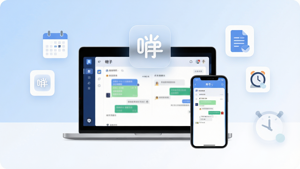 整体画面以现代办公场景为背景,中央放置一台打开的笔记本电脑和一部智能手机,两块屏幕同时显示哨子办公的聊天与任务界面,屏幕上方悬浮半透明的哨子图标,周围环绕日历、审批单、打卡钟等简洁图标,布局采用居中对称构图,排版干净利落,风格为扁平化科技商务风,细节上屏幕边框清晰、图标圆角统一、背景为浅蓝到白色的柔和渐变,画质高清,干净无多余元素