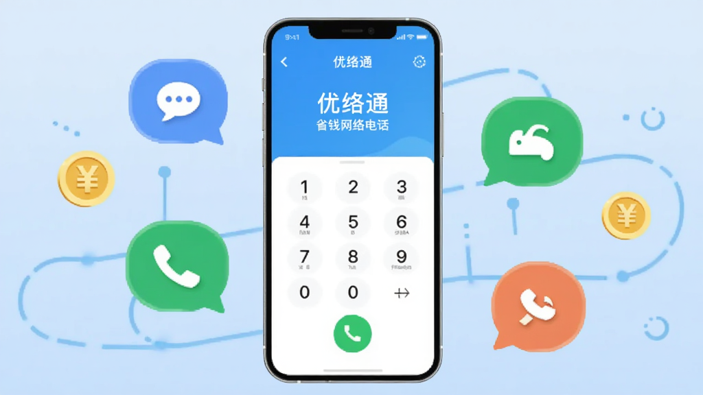 画面中央放置一部智能手机,屏幕上显示优络通省钱网络电话的拨号界面,界面包含数字键盘和绿色拨打按钮,手机周围环绕着通话气泡图标和金币符号,背景为浅蓝色渐变,整体采用扁平化科技风格,细节清晰,画质干净,无多余元素