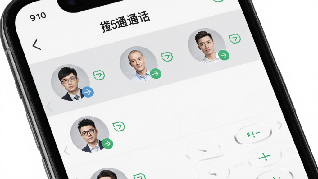 手机屏幕显示优络通省钱网络电话的通讯录列表界面,联系人头像整齐排列,旁边有同步箭头图标,背景为白色和浅灰色搭配,采用现代简约的UI展示风格,细节清晰,画质干净,无多余元素