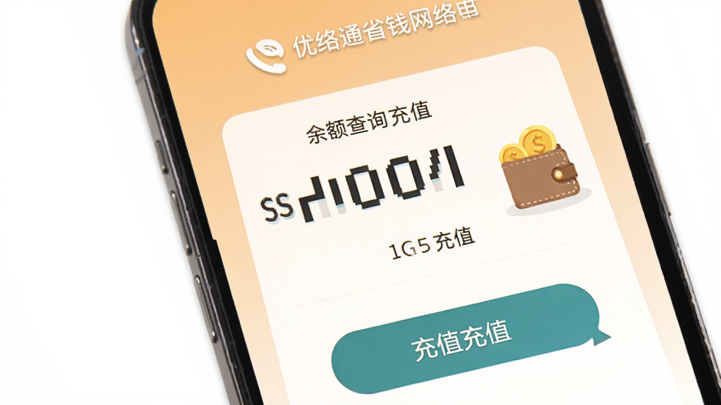 手机屏幕显示优络通省钱网络电话的余额查询与充值页面,页面上有金额数字和充值按钮,旁边有金币和钱包图标,背景为浅橙色渐变,采用简洁的扁平化设计风格,画质干净,无多余元素