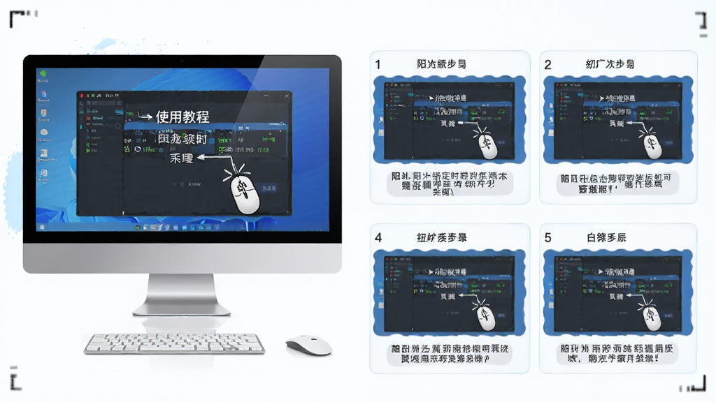 阳光自动定时关机系统使用教程示意图,主体是电脑屏幕显示软件操作步骤,布局为分步截图排列,风格教学清晰,细节包含鼠标点击位置标注和文字说明,画质高清,干净无多余元素