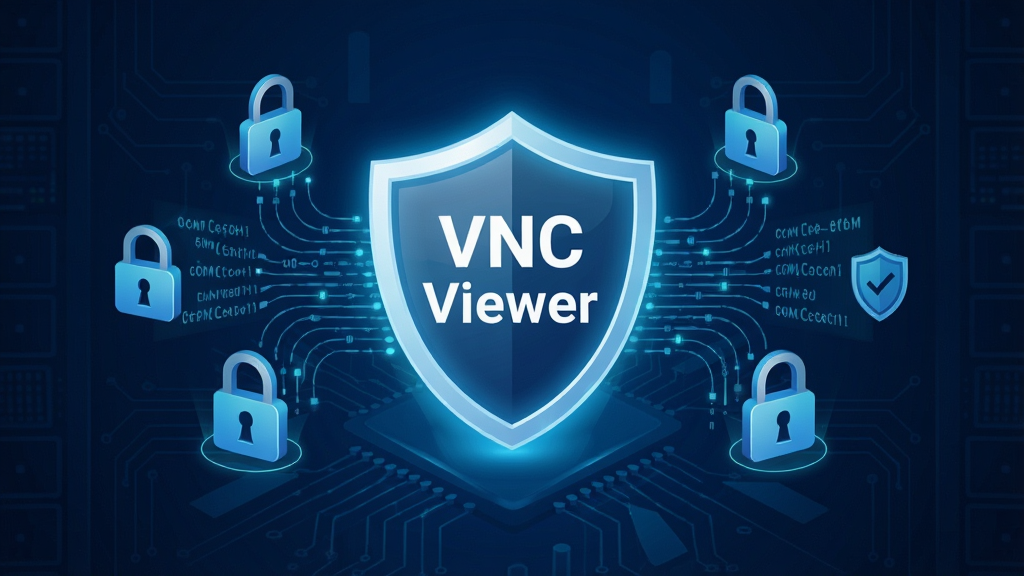 一张展示VNC Viewer安全加密机制的示意图,画面中央是一个发光的盾牌图标,盾牌上写着