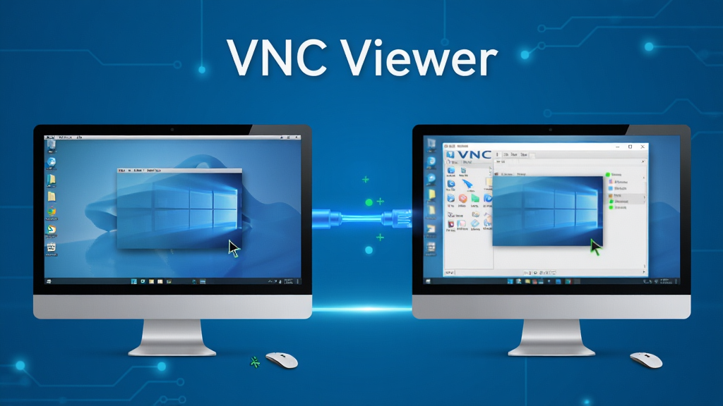一张展示VNC Viewer软件界面的全景图,画面中央是两台电脑屏幕,左侧屏幕显示远程电脑的桌面,右侧屏幕显示本地控制窗口,屏幕之间用发光的蓝色数据线连接,背景是简洁的科技蓝风格,带有
