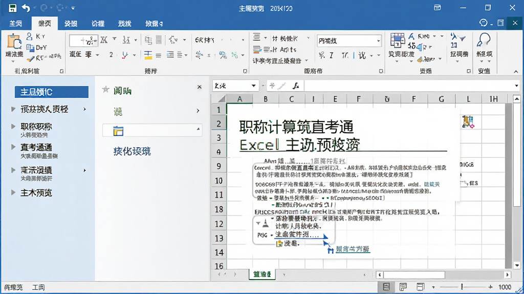 职称计算机直考通之excel软件主界面预览图,画面中央是软件窗口,左侧为功能导航菜单,右侧为Excel操作题目演示区域,界面风格简洁专业,配色以蓝白为主,背景干净,画质清晰,无多余元素