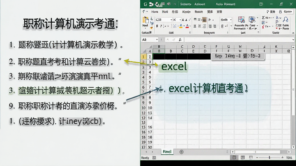 职称计算机直考通之excel操作演示教学画面,画面中左侧为题目要求文字,右侧为Excel表格操作步骤同步高亮显示,风格直观易懂,画质清晰,排版整洁,无多余元素