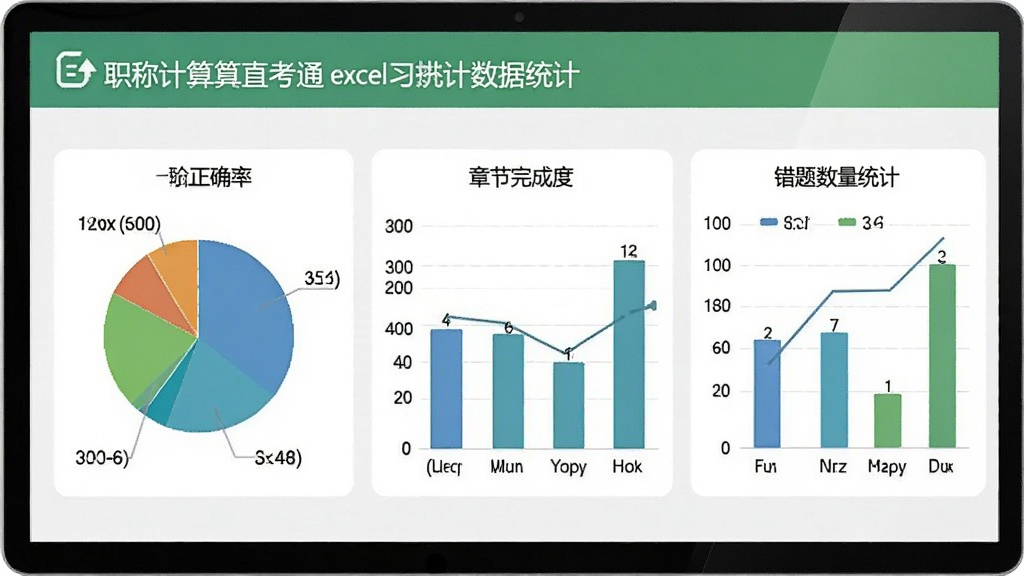 职称计算机直考通之excel学习进度数据统计界面,画面展示正确率饼图、章节完成度柱状图和错题数量统计,风格清爽,排版有序,画质清晰,干净无多余元素