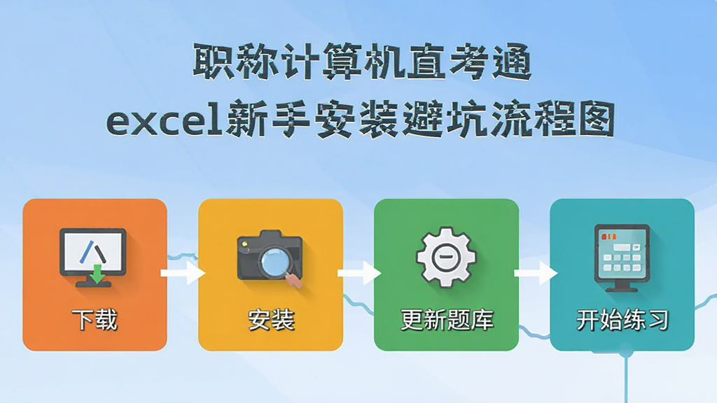职称计算机直考通之excel新手安装避坑流程图,画面以步骤条形式展示下载、安装、更新题库、开始练习四个环节,每个环节配有简洁图标和文字说明,风格扁平化,画质清晰,排版整洁