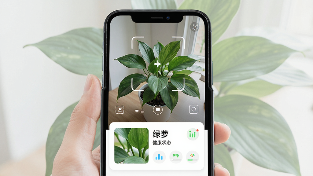 一张AI家庭养花助手拍照识别功能的界面展示图,主体为手机屏幕中显示植物照片与识别出的