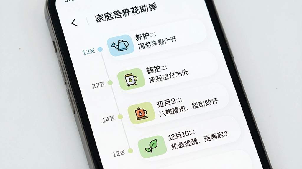 一张AI家庭养花助手智能提醒功能的界面展示图,主体为手机屏幕中显示养护日历与待办提醒列表,布局为纵向时间轴,排版整齐,风格为简约清新,细节包含浇水图标、施肥图标、日期标签,画质高清、干净、无多余元素
