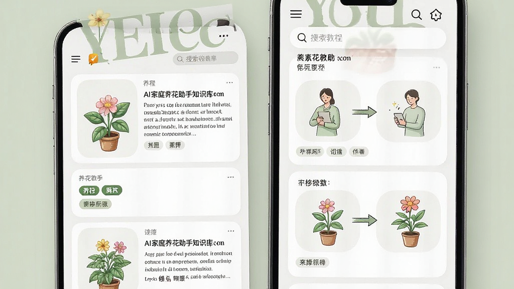 一张AI家庭养花助手知识库功能的界面展示图,主体为手机屏幕中显示养花教程文章列表与步骤图解,布局为卡片流,排版舒适,风格为杂志阅读风,细节包含植物插画、标签分类、搜索框,画质高清、干净、无多余元素