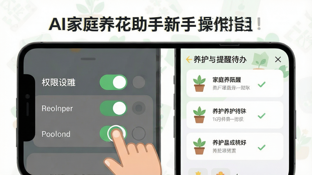 一张AI家庭养花助手新手操作指引图,主体为手机屏幕显示权限设置与提醒列表界面,布局为左右分栏,左侧为权限开关,右侧为养护待办,风格为扁平插画,细节包含手指点击图标、勾选标记、植物小图标,画质高清、干净、无多余元素