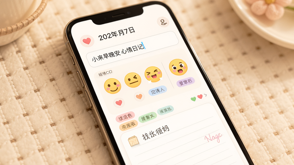 小来早晚安 心情日记界面展示,主体为手机屏幕显示心情表情与文字输入框,布局上方为日期,中间为表情选择,下方为便签区域,风格柔和温暖,细节包含爱心图标、颜色标签,画质高清,干净,无多余元素