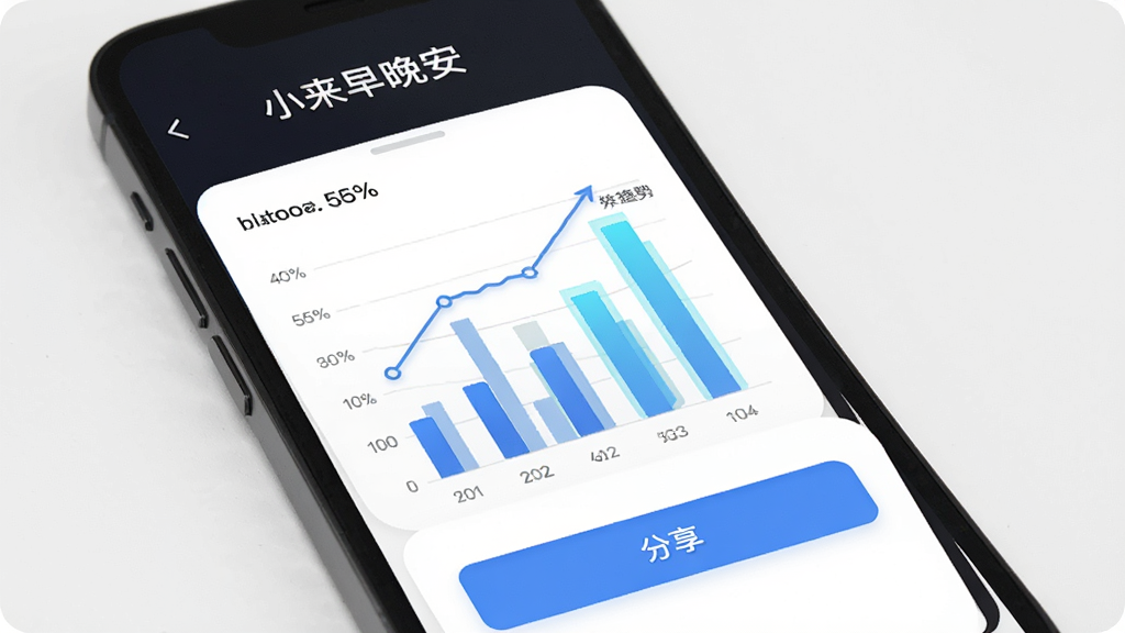 小来早晚安 数据统计页面展示,主体为手机屏幕显示柱状图与圆形进度图,布局上方为标题,中间为图表,下方为分享按钮,风格现代简约,细节包含百分比数字、趋势线,画质清晰,干净,无多余元素